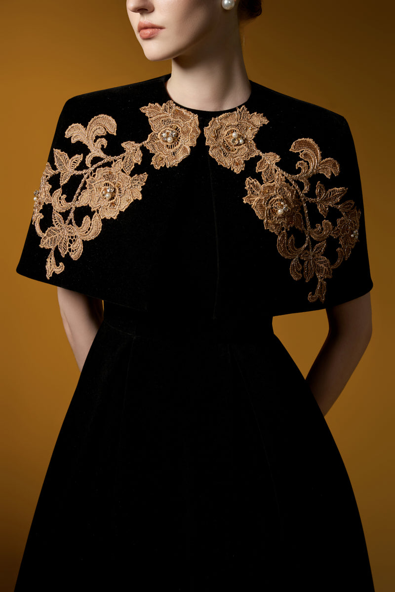 Sleeveless A-Line Gown With Mini Cape | I.H.F ATELIER