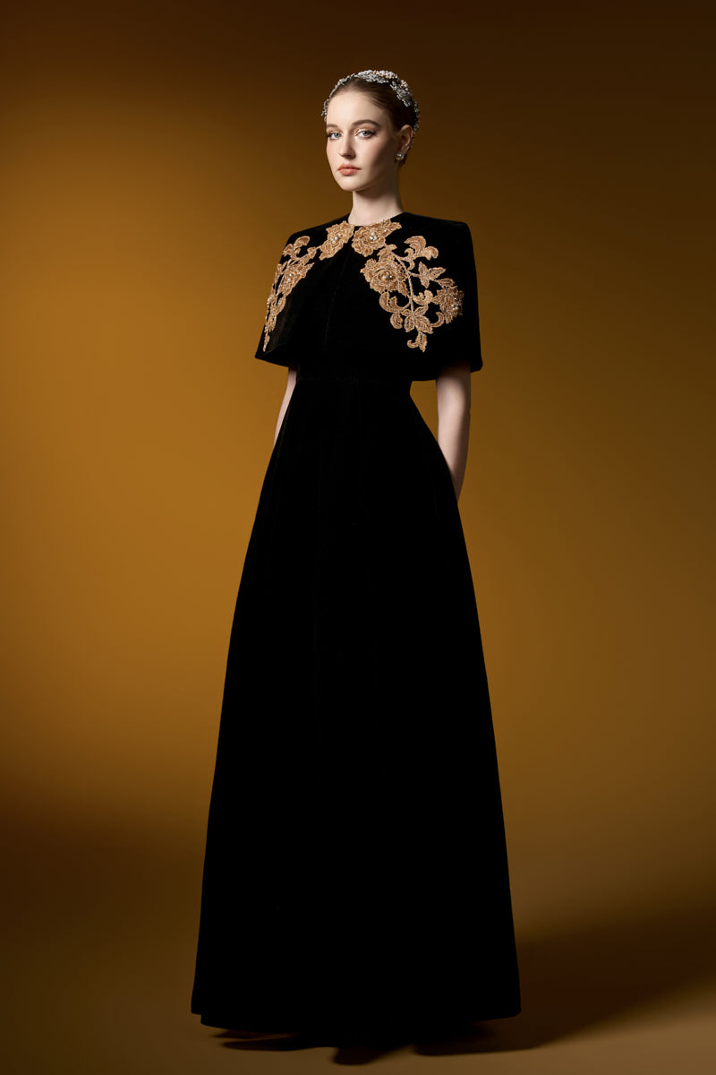 Sleeveless A-Line Gown With Mini Cape | I.H.F ATELIER