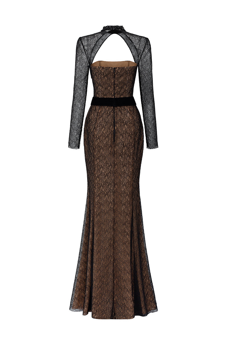 Stand Collar Mermaid Gown With Long Sleeve In Black Lace | I.H.F ATELIER