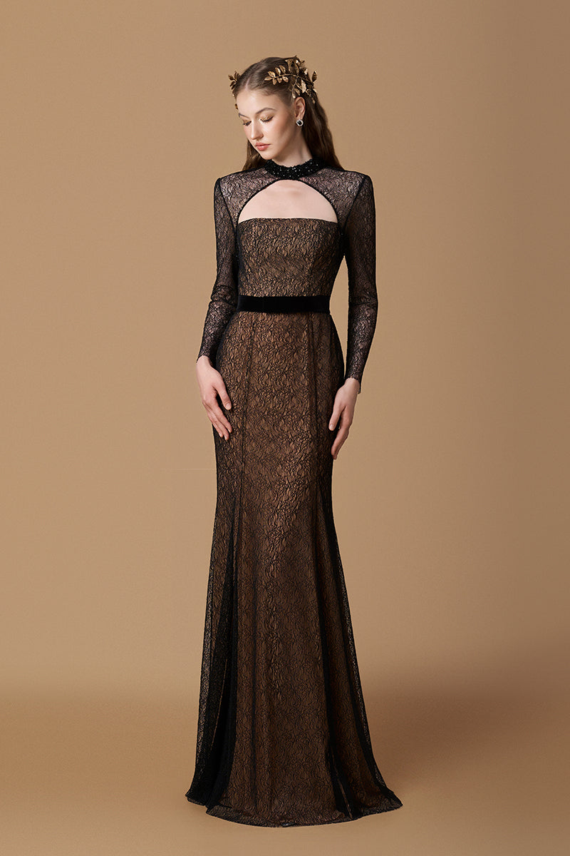 Stand Collar Mermaid Gown With Long Sleeve In Black Lace | I.H.F ATELIER
