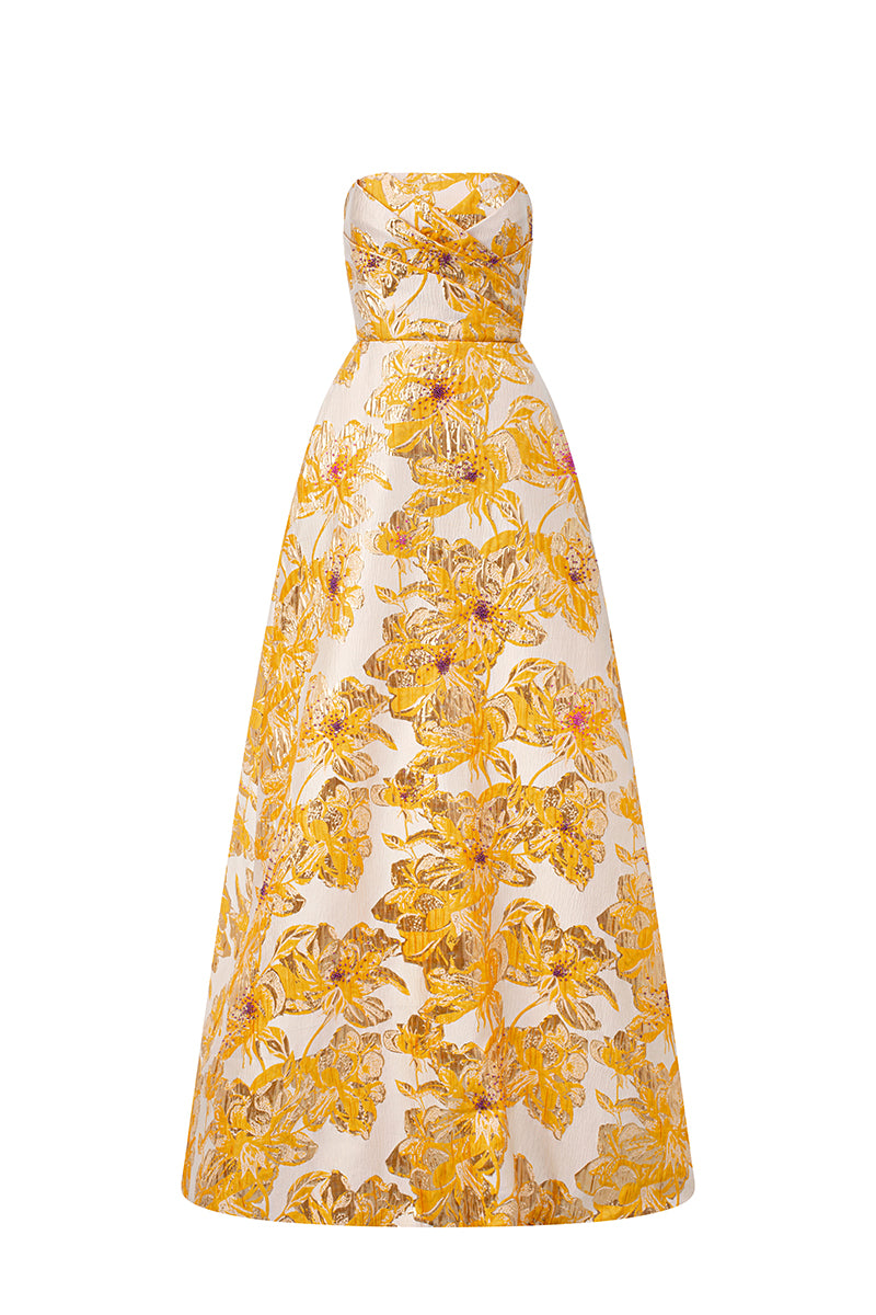 Strapless A-line Gown With Draped Details In Yellow Jacquard | I.H.F ATELIER