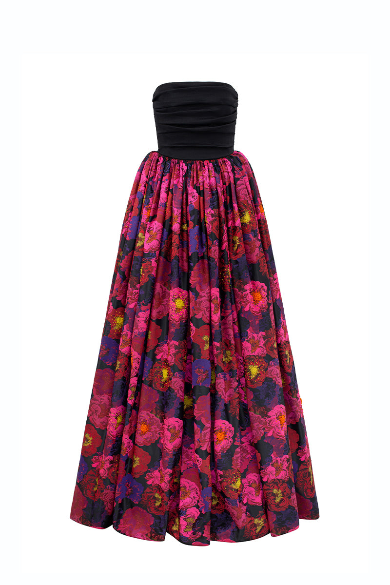 Strapless Bustier Ball Gown With Draped Details In Black Taffeta And Pink Floral Jacquard | I.H.F ATELIER