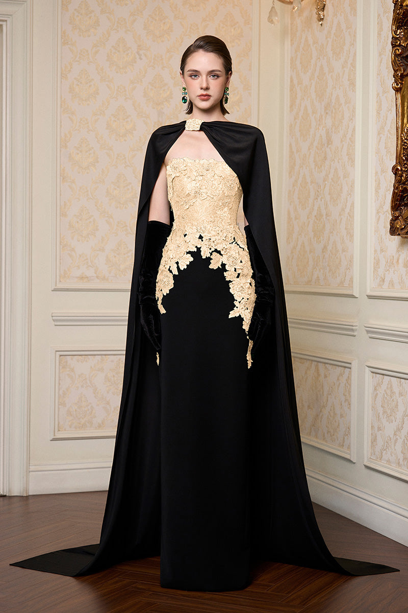 Strapless Column Gown With Long Cape In Beige French Lace & Black Crepe | I.H.F ATELIER