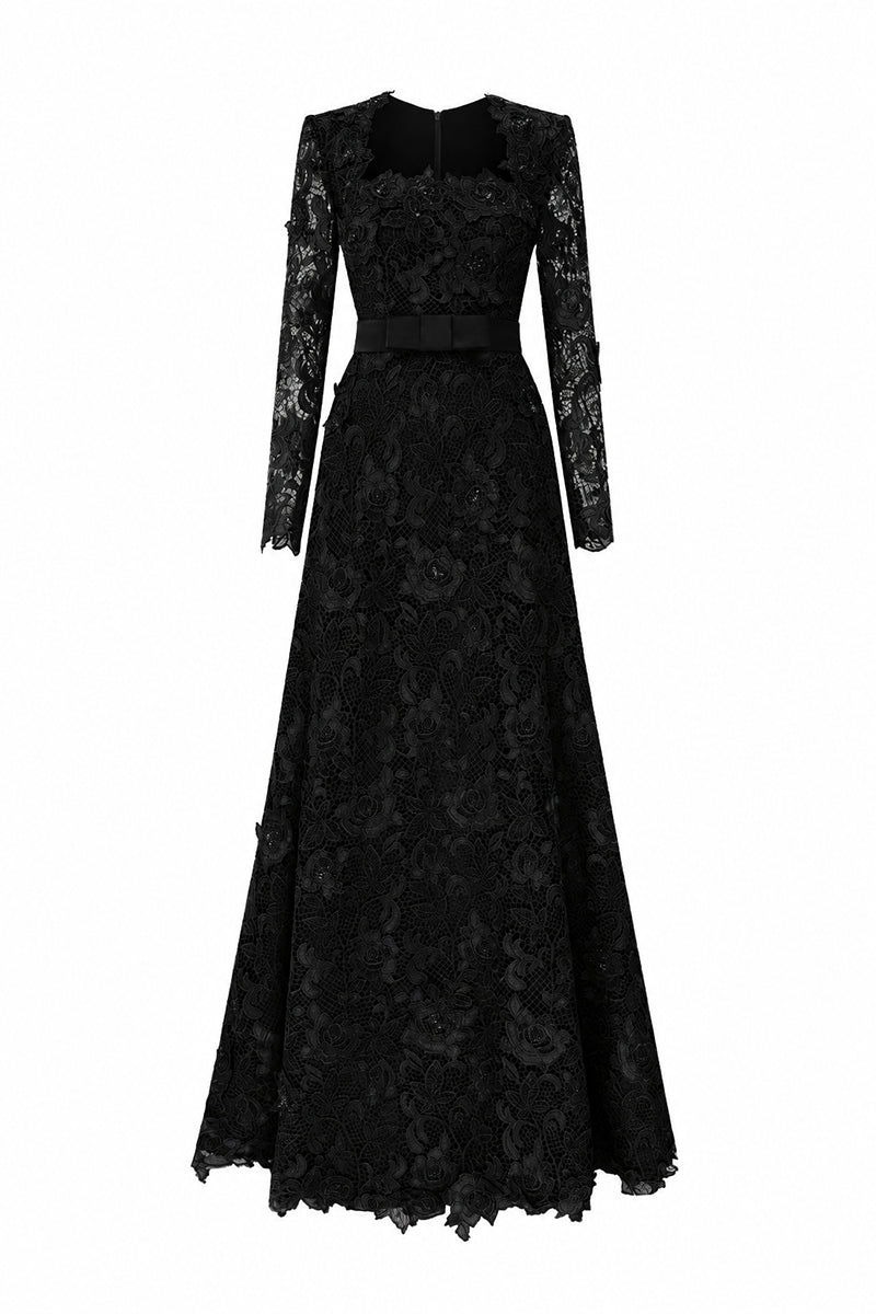 Trapeze Neck A-line Gown With Long Sleeves In Black Guipure Lace | I.H.F ATELIER
