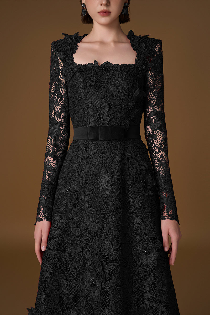 Trapeze Neck A-line Gown With Long Sleeves In Black Guipure Lace | I.H.F ATELIER