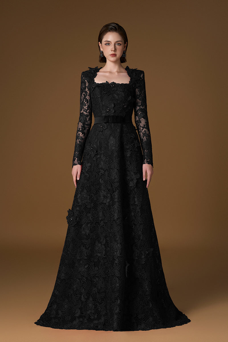 Trapeze Neck A-line Gown With Long Sleeves In Black Guipure Lace | I.H.F ATELIER