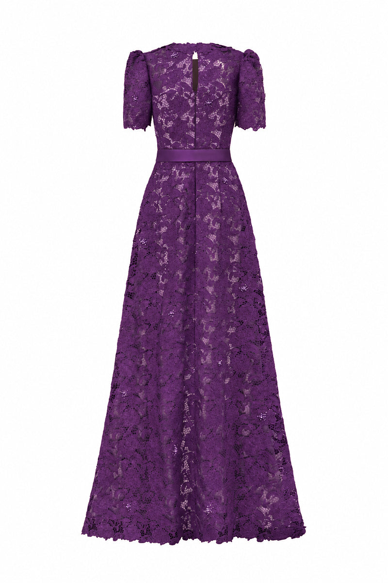 Trapeze Neck A-line Gown With Short Sleeves In Purple Guipure Lace | I.H.F ATELIER