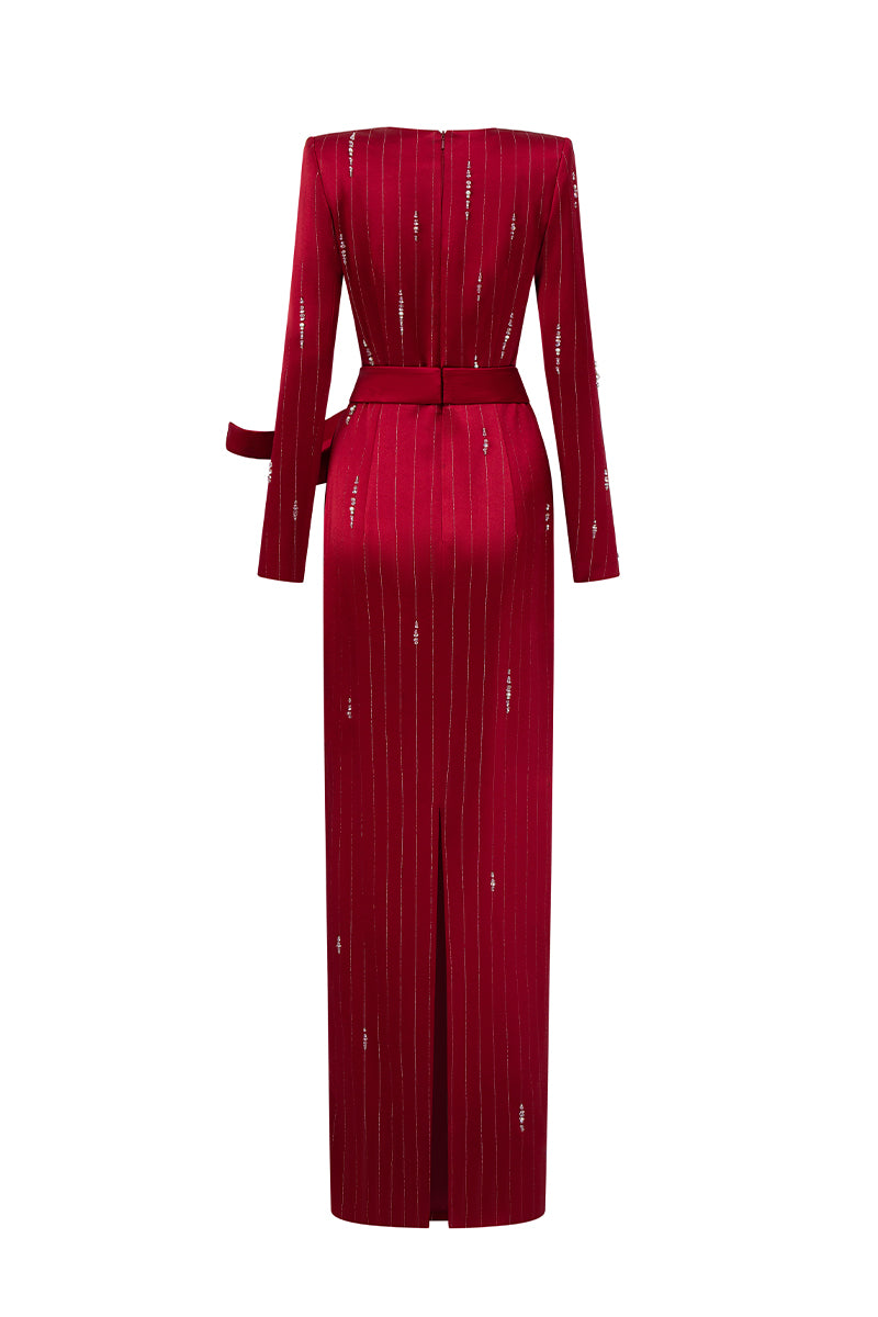 Trapeze Neck Column Gown With Belt Resembling A Wind-Blown Train In Red Metallic Striped Silk | I.H.F ATELIER
