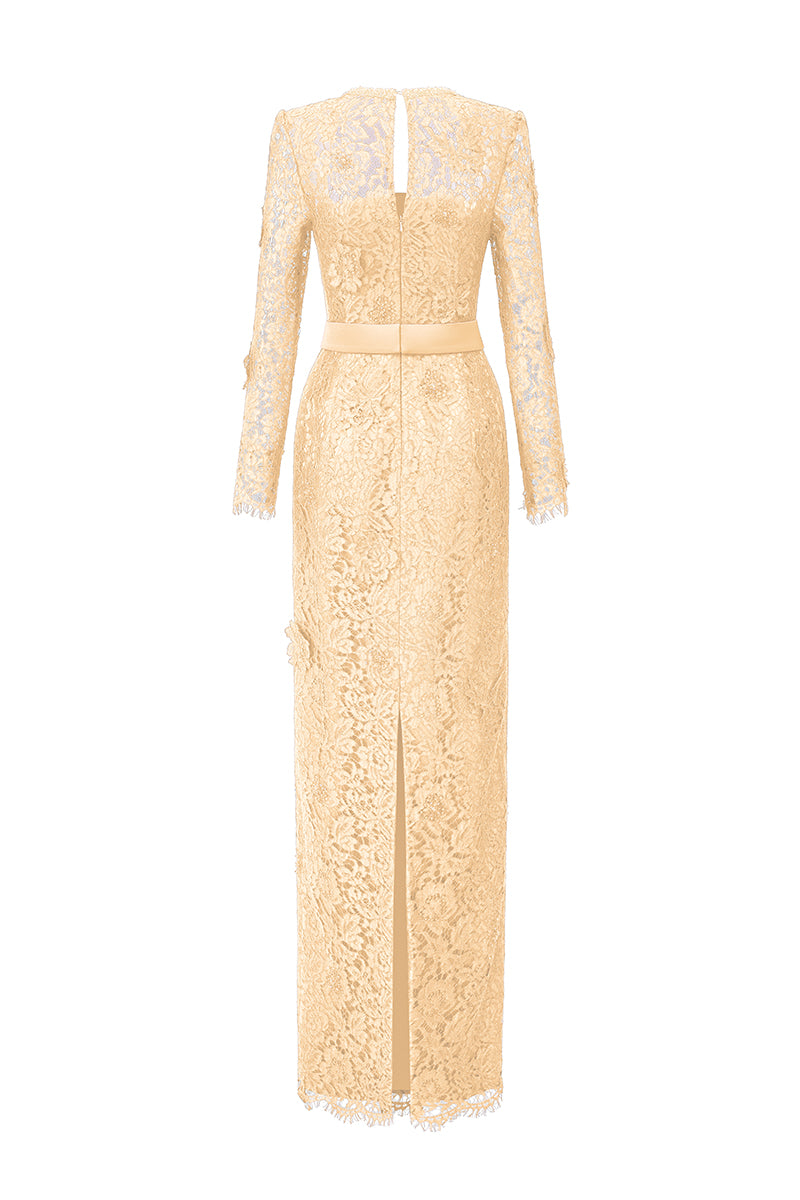 Trapeze Neck Column Gown With Long Sleeves In Beige French Lace | I.H.F ATELIER