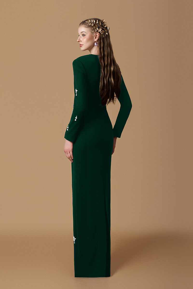 Trapeze Neck Column Gown With Long Sleeves In Black Crepe & Stones | I.H.F ATELIER