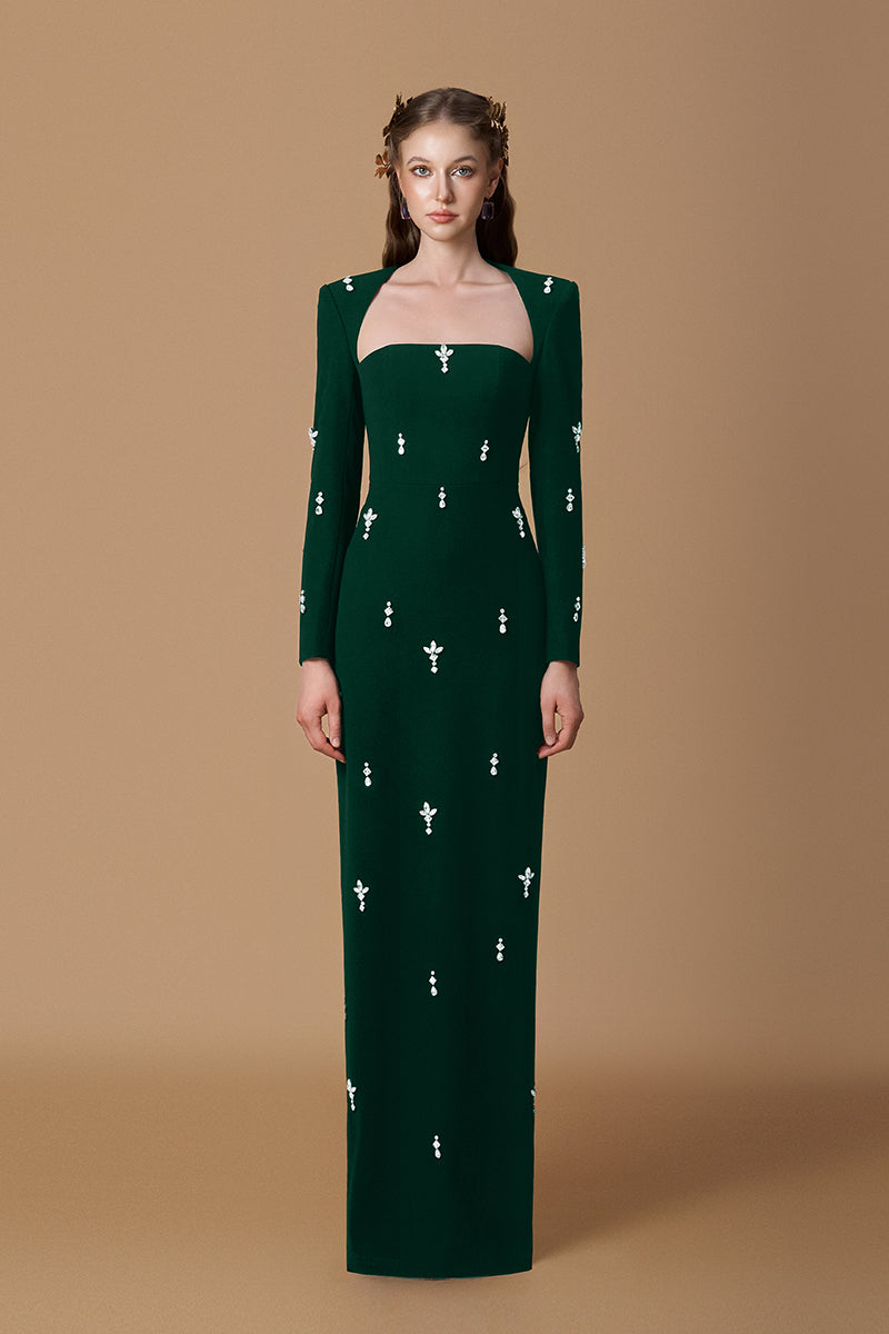 Trapeze Neck Column Gown With Long Sleeves In Black Crepe & Stones | I.H.F ATELIER