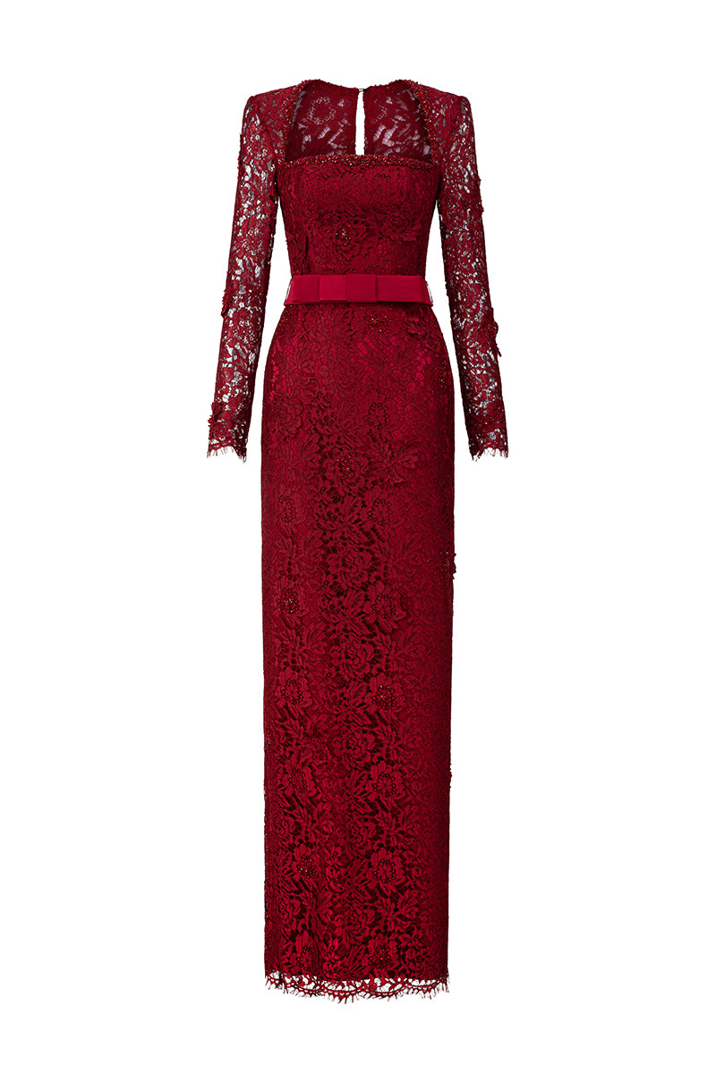 Trapeze Neck Column Gown With Long Sleeves In Dark Red French Lace | I.H.F ATELIER