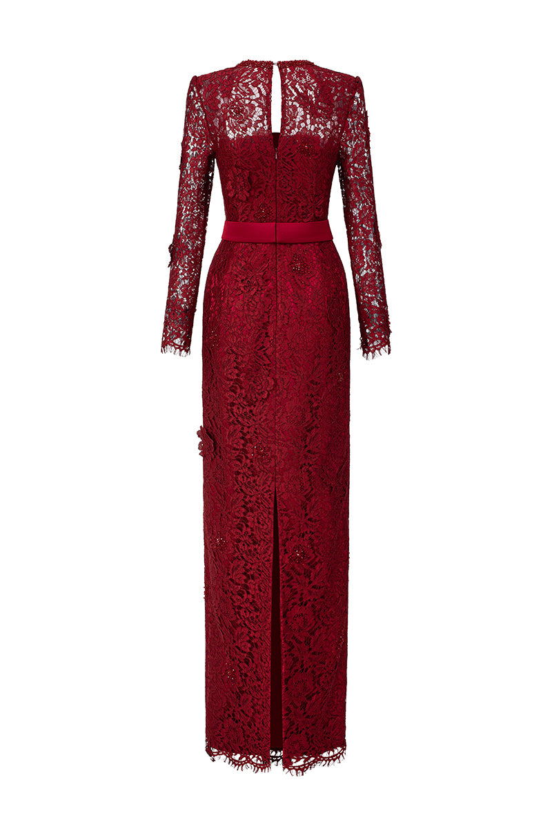 Trapeze Neck Column Gown With Long Sleeves In Dark Red French Lace | I.H.F ATELIER