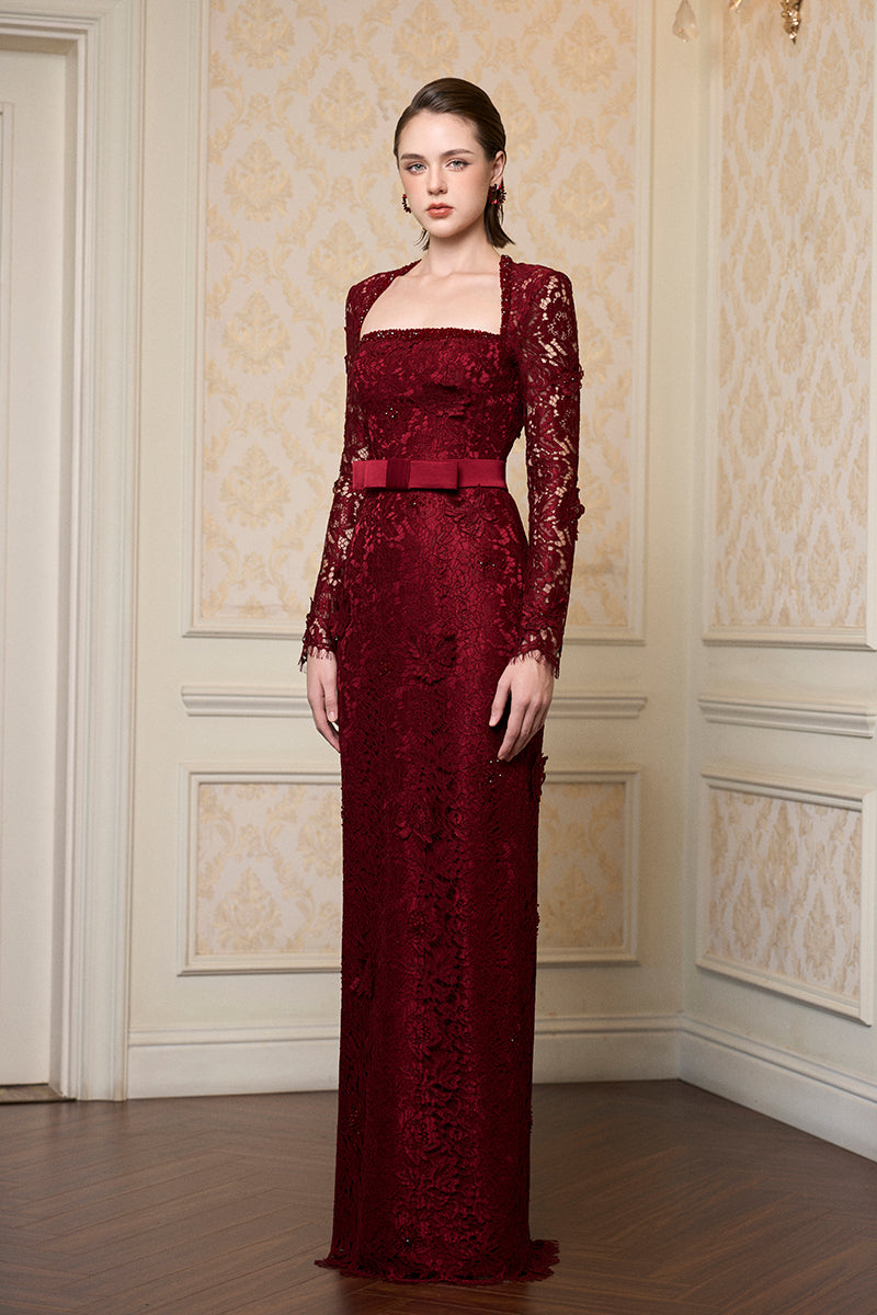 Trapeze Neck Column Gown With Long Sleeves In Dark Red French Lace | I.H.F ATELIER