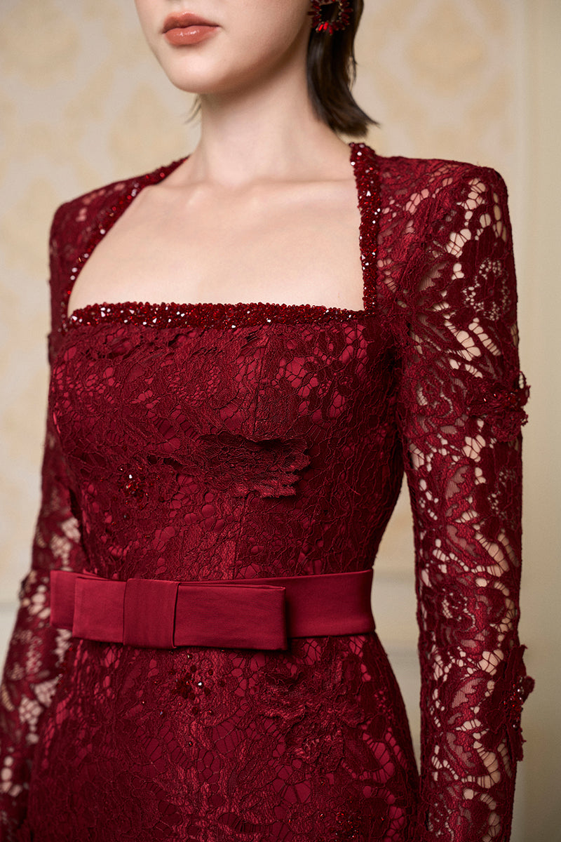 Trapeze Neck Column Gown With Long Sleeves In Dark Red French Lace | I.H.F ATELIER