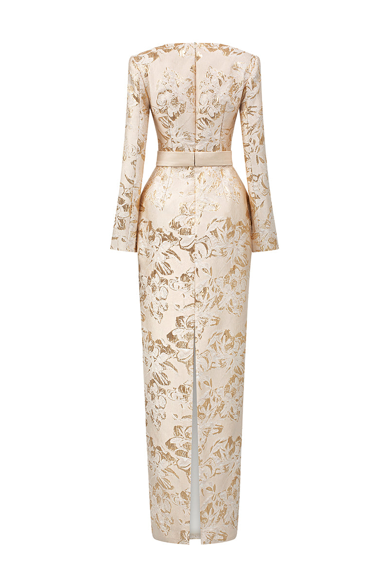Trapeze Neck Column Gown With Long Sleeves In Jacquard | I.H.F ATELIER