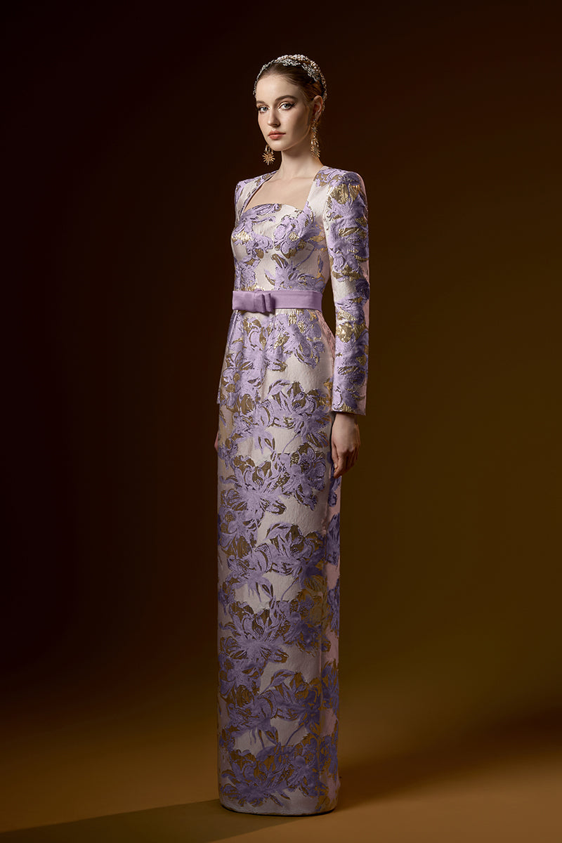 Trapeze Neck Column Gown With Long Sleeves In Jacquard | I.H.F ATELIER