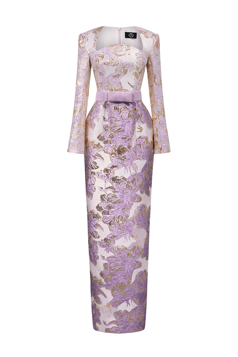 Trapeze Neck Column Gown With Long Sleeves In Jacquard | I.H.F ATELIER