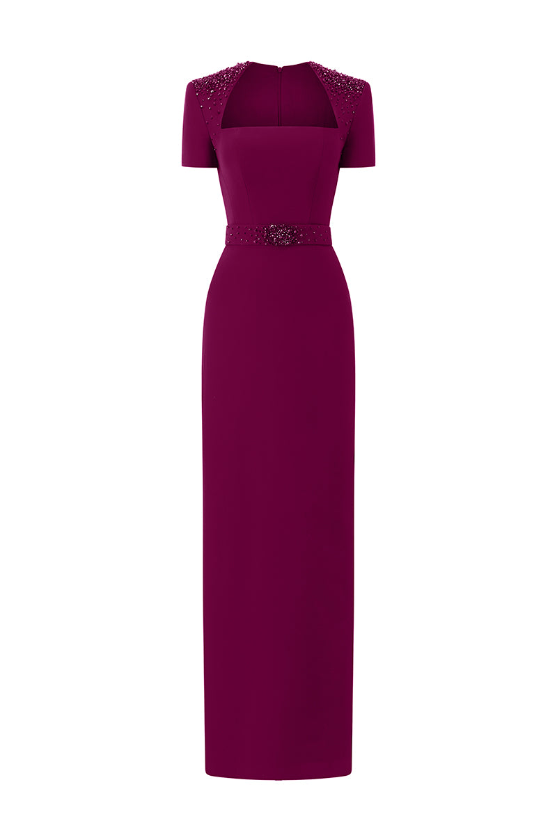 Trapeze Neck Column Gown With Short Sleeves In Dark Pink Crepe | I.H.F ATELIER