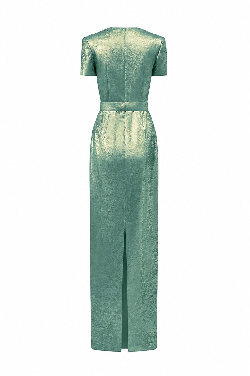 Trapeze Neck Column Gown With Short Sleeves In Metallic Silk | I.H.F ATELIER