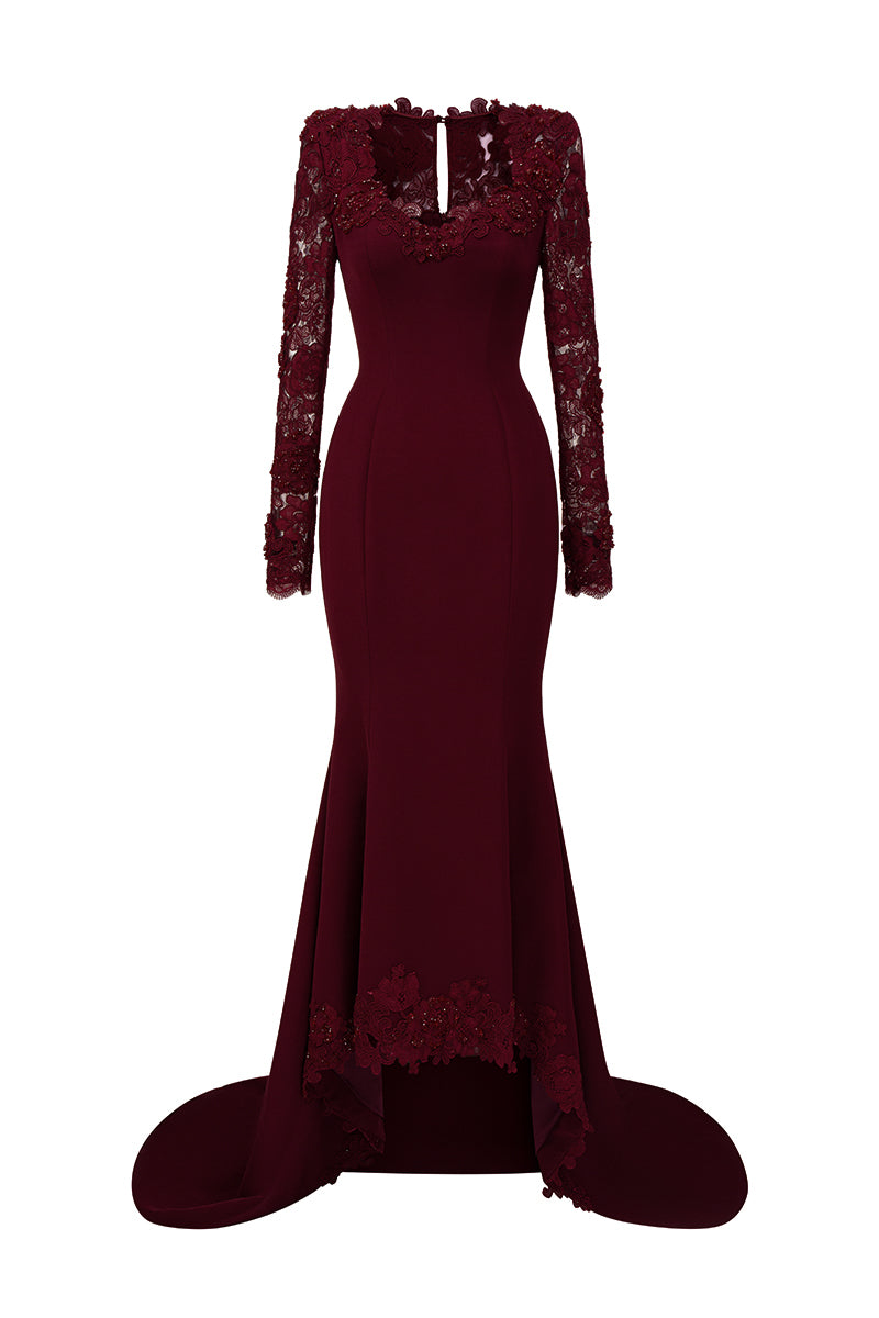 Trapeze Neck Mermaid Gown With Mullet Details In Burgundy Crepe And Floral Garden Mesh Lace | I.H.F ATELIER