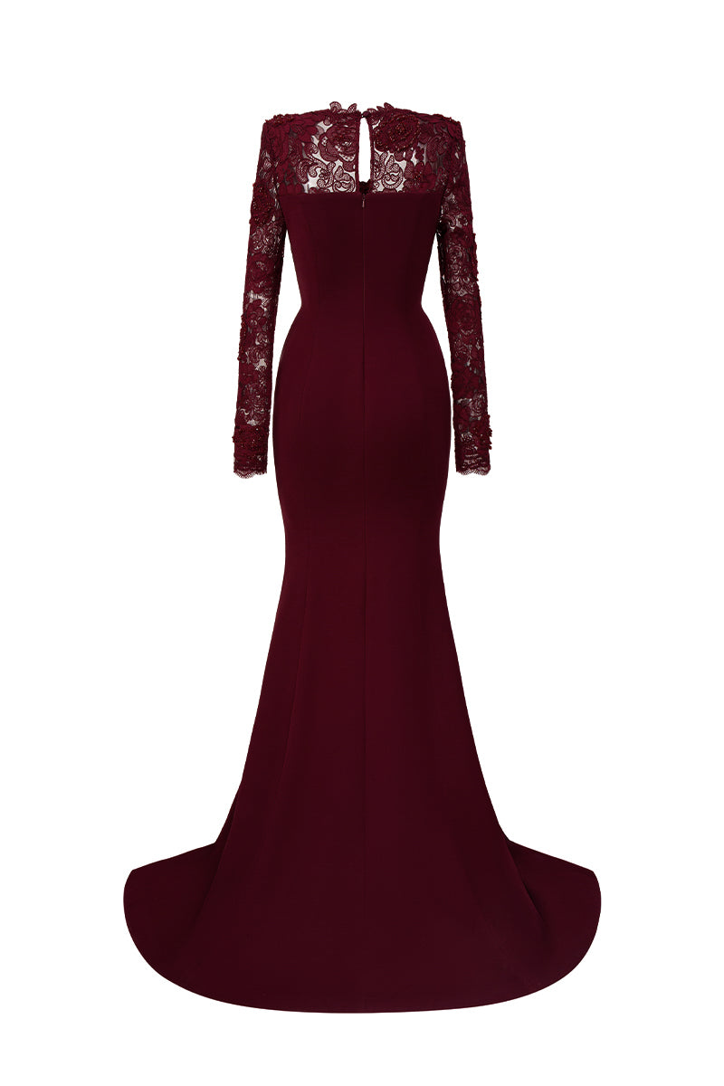 Trapeze Neck Mermaid Gown With Mullet Details In Burgundy Crepe And Floral Garden Mesh Lace | I.H.F ATELIER
