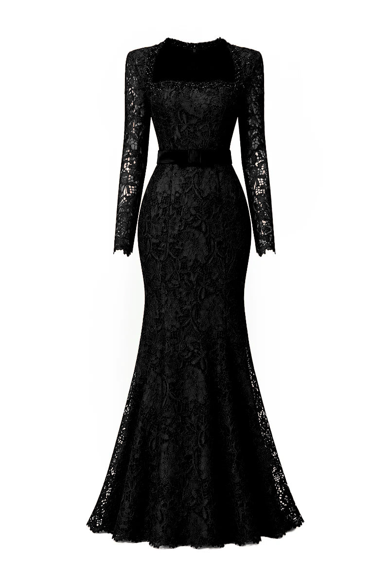 Trapeze Neck Mermaid Gown With Waist Belt In Cocoa Black Lily Floral Lace | I.H.F ATELIER