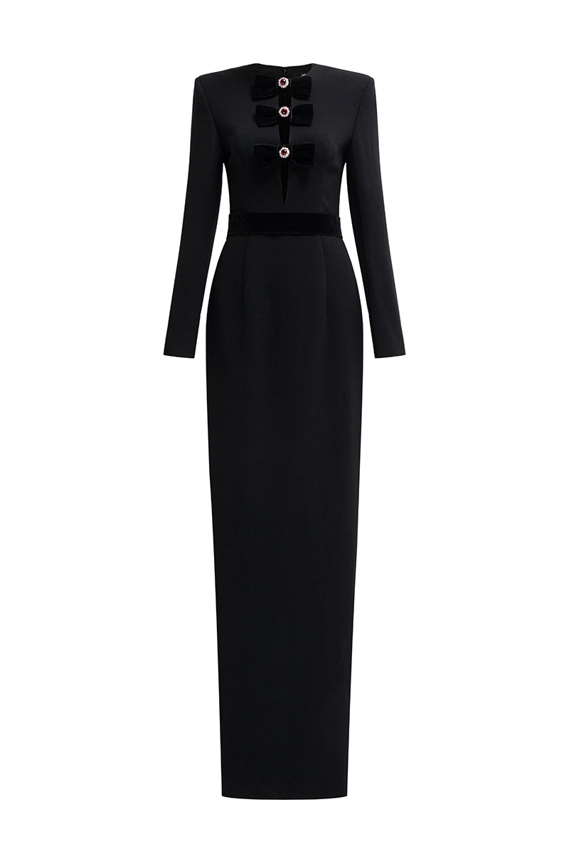V-Cut Column Gown With Long Sleeves In Black | I.H.F ATELIER