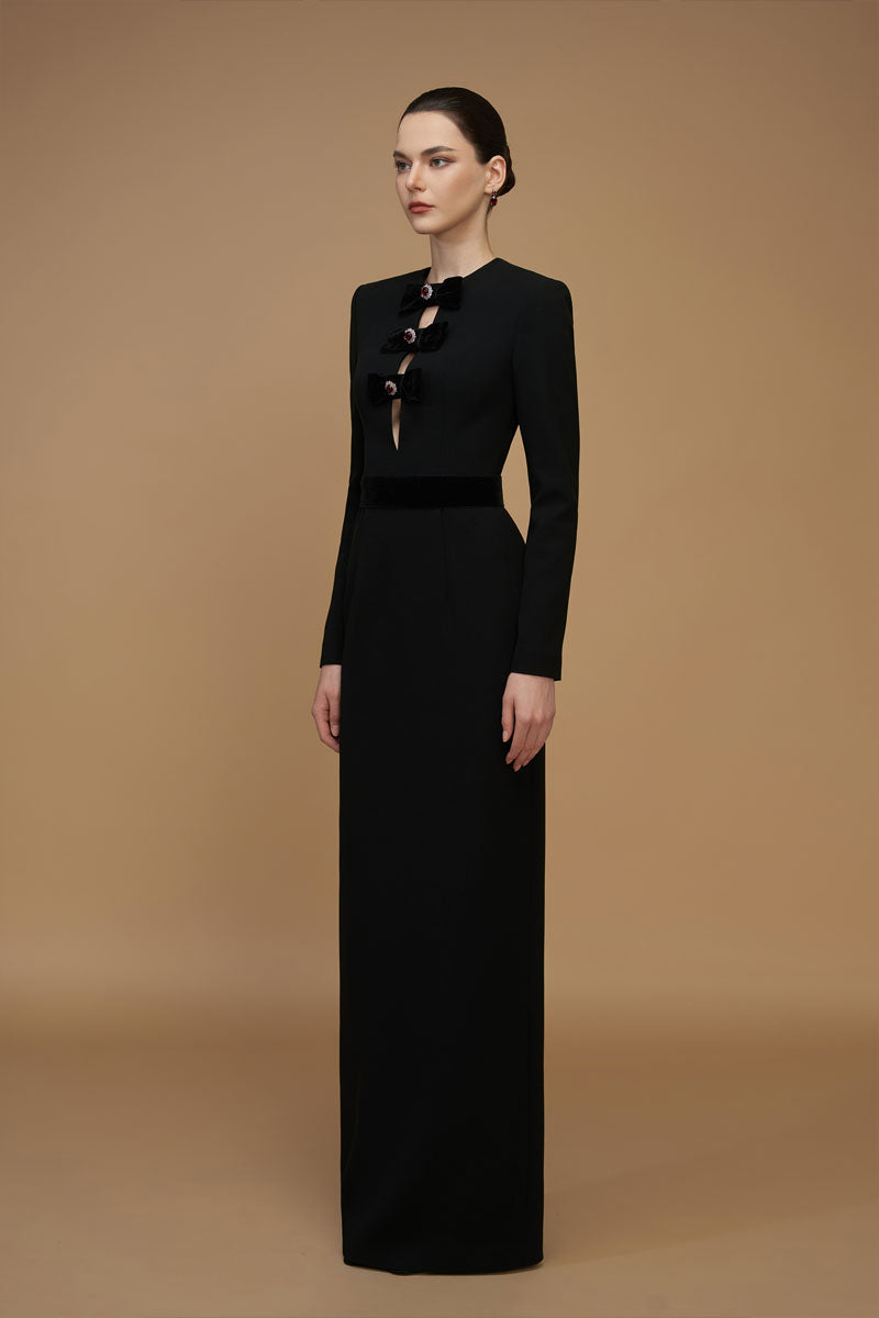 V-Cut Column Gown With Long Sleeves In Black | I.H.F ATELIER