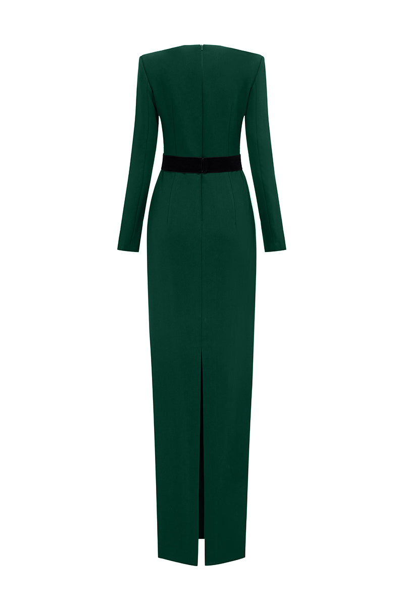 V-Cut Column Gown With Long Sleeves In Dark Green | I.H.F ATELIER