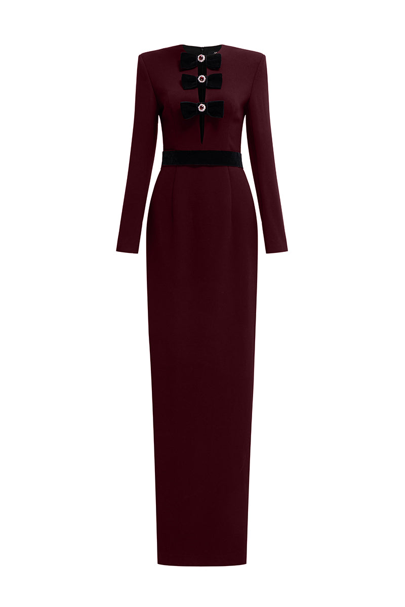 V-Cut Column Gown With Long Sleeves In Red | I.H.F ATELIER
