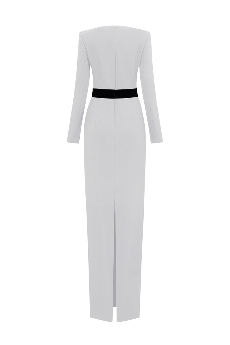 V-Cut Column Gown With Long Sleeves In White | I.H.F ATELIER