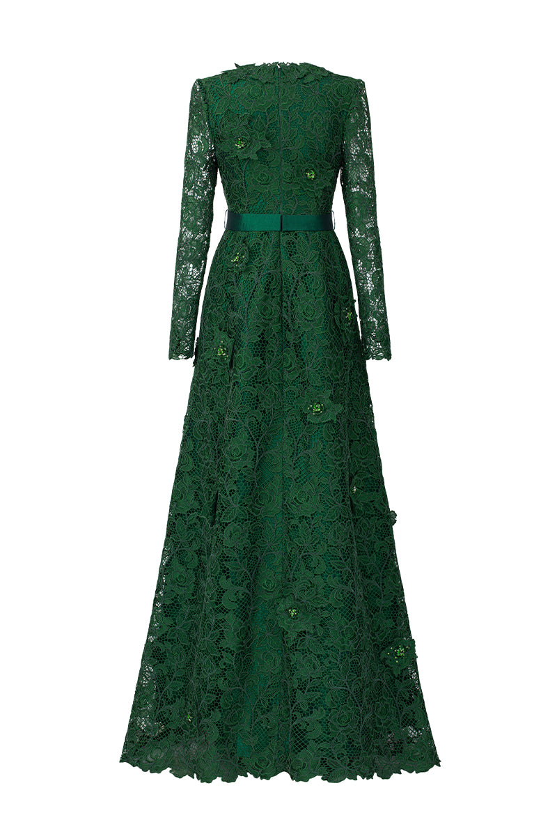 V Neck A-line Gown With Long Sleeves In Green Guipure Lace | I.H.F ATELIER