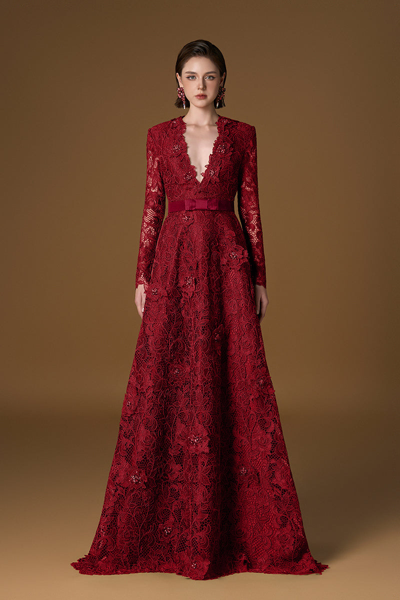 V Neck A-line Gown With Long Sleeves In Red Guipure Lace | I.H.F ATELIER