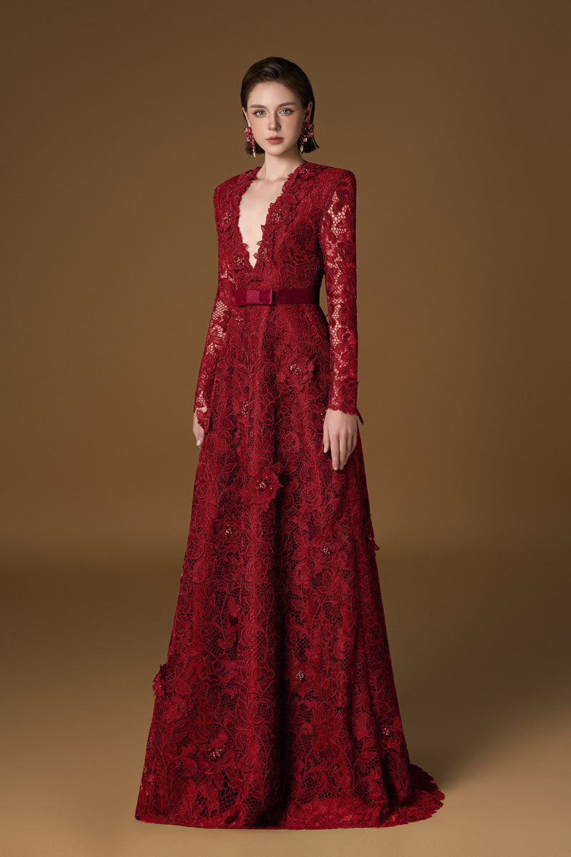 V Neck A-line Gown With Long Sleeves In Red Guipure Lace | I.H.F ATELIER