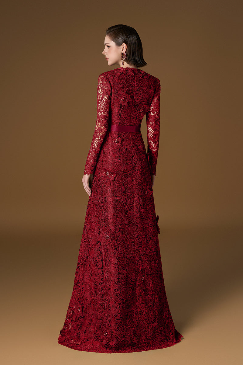 V Neck A-line Gown With Long Sleeves In Red Guipure Lace | I.H.F ATELIER
