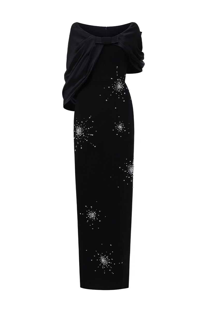 V Neck Column Gown With Draped Details In Black Crepe And Satin Silk | I.H.F ATELIER