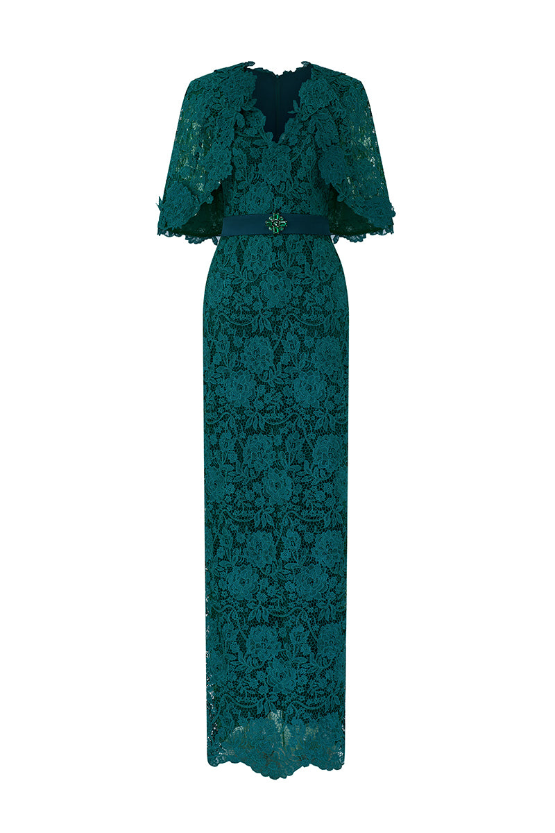 V-Neck Column Gown With Mini Cape Sleeves | I.H.F ATELIER