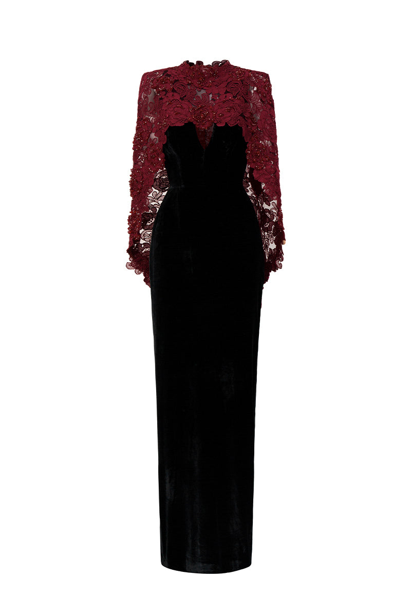 V Neck Column Gown With Mullet Cape In Black Velvet And Red Floral Garden Mesh Lace | I.H.F ATELIER