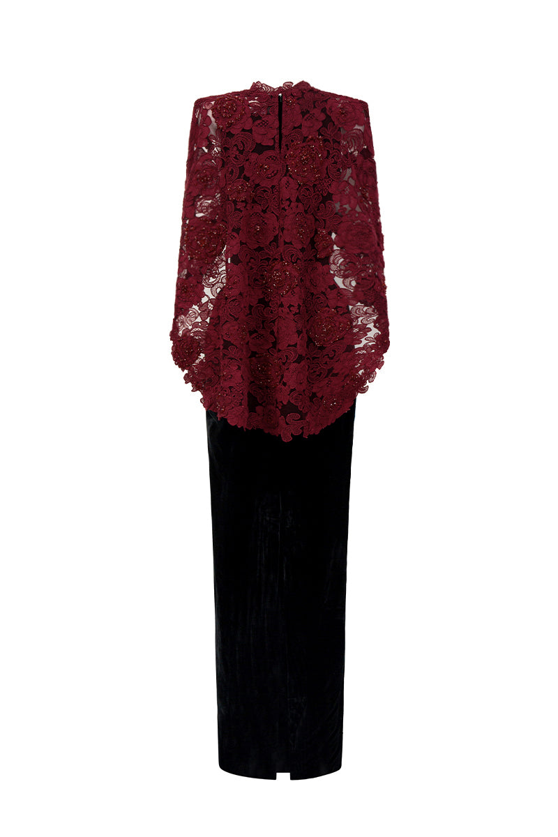 V Neck Column Gown With Mullet Cape In Black Velvet And Red Floral Garden Mesh Lace | I.H.F ATELIER