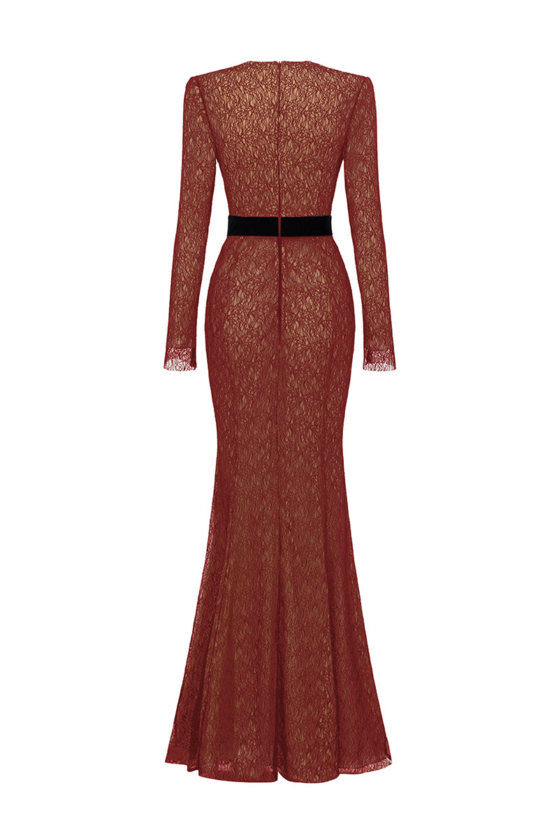 V-Neck Mermaid Gown With Long Sleeve In Dark Red Lace | I.H.F ATELIER