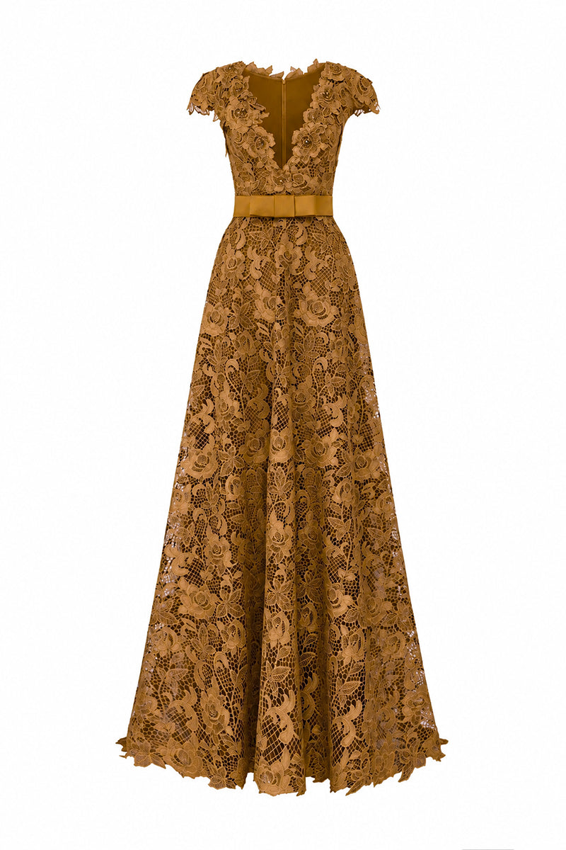 V-Neck Sleeveless A-Line Gown In Dark Gold Guipure Lace | I.H.F ATELIER