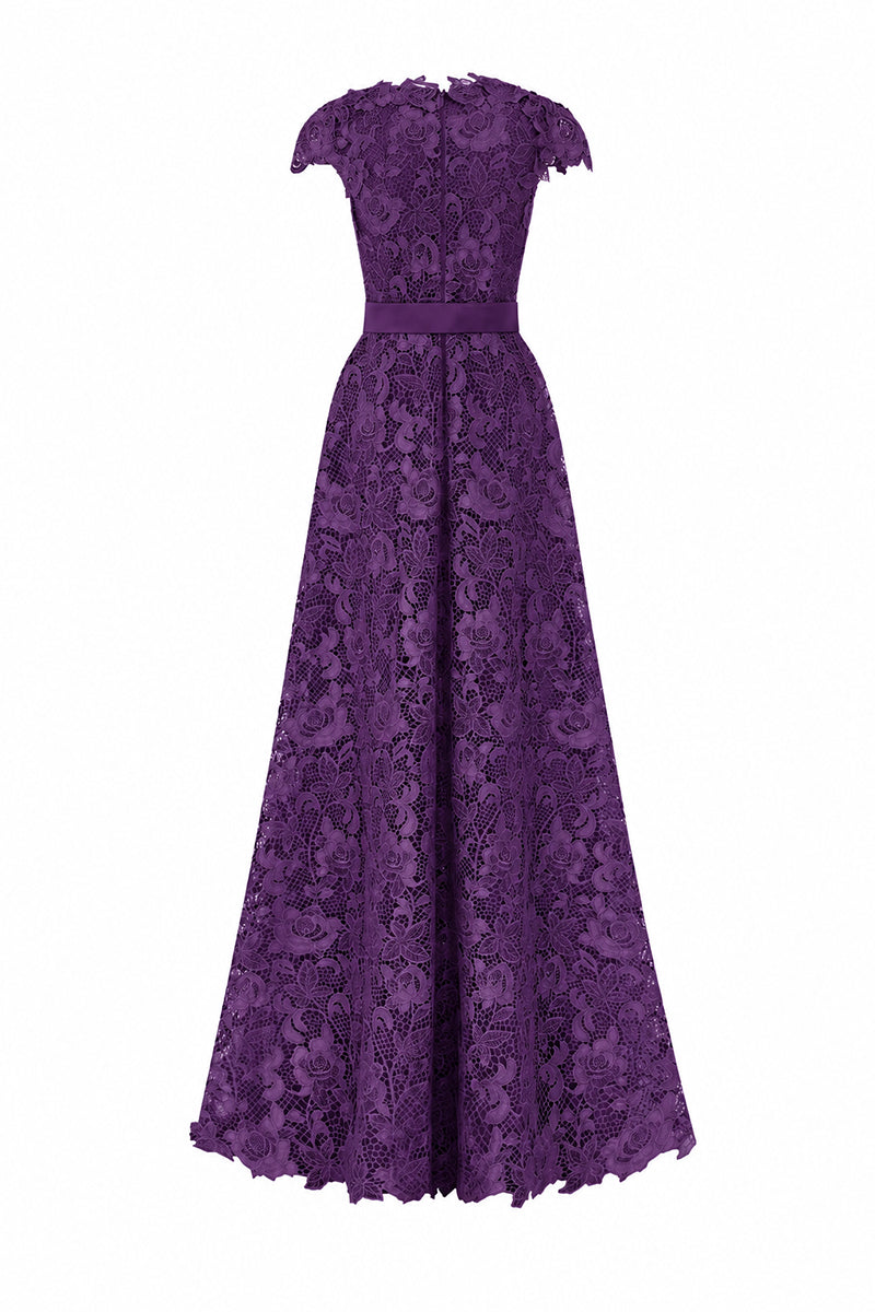 V-Neck Sleeveless A-Line Gown In Dark Purple Guipure Lace | I.H.F ATELIER