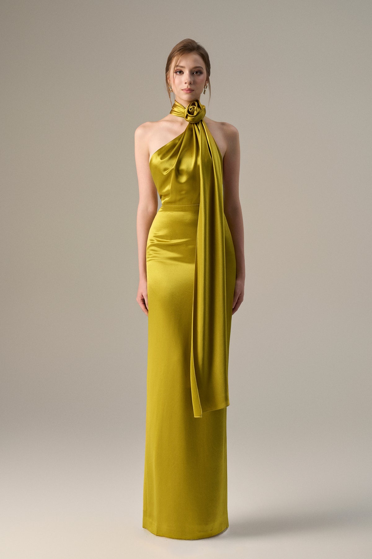 Yellow Satin Silk Halter Dress With Cross Detail And Pleated Drape | I.H.F ATELIER