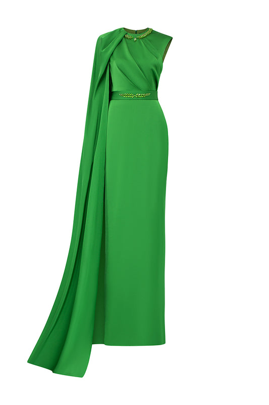 Green One Shoulder Cape Drapped Silk Dress