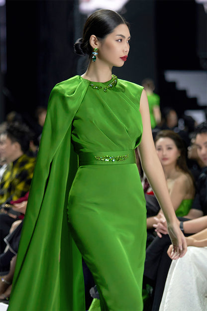 Green One Shoulder Cape Drapped Silk Dress