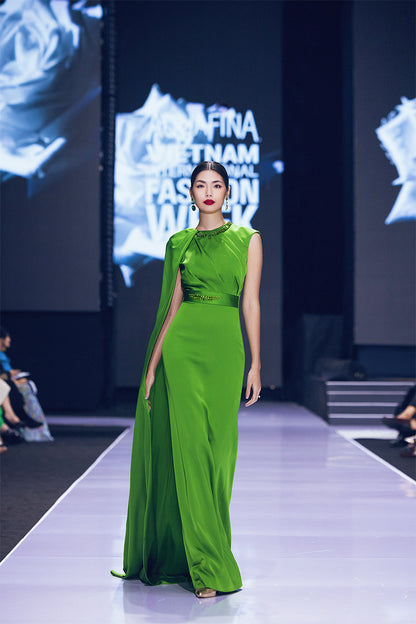 Green One Shoulder Cape Drapped Silk Dress