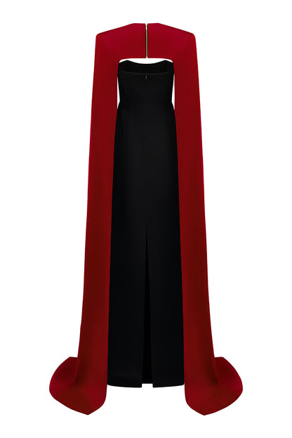 Strapless Burstier Black Velvet Gown With Long Cape