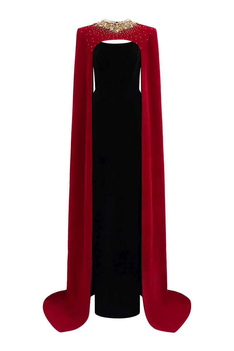 Strapless Burstier Black Velvet Gown With Long Cape