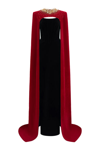 Strapless Burstier Black Velvet Gown With Long Cape